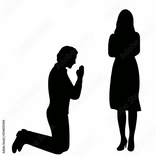 Man kneeling and proposing to woman in silhouette on white background  
