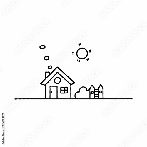 Simple line drawing of house with sun and fence in minimal style  
