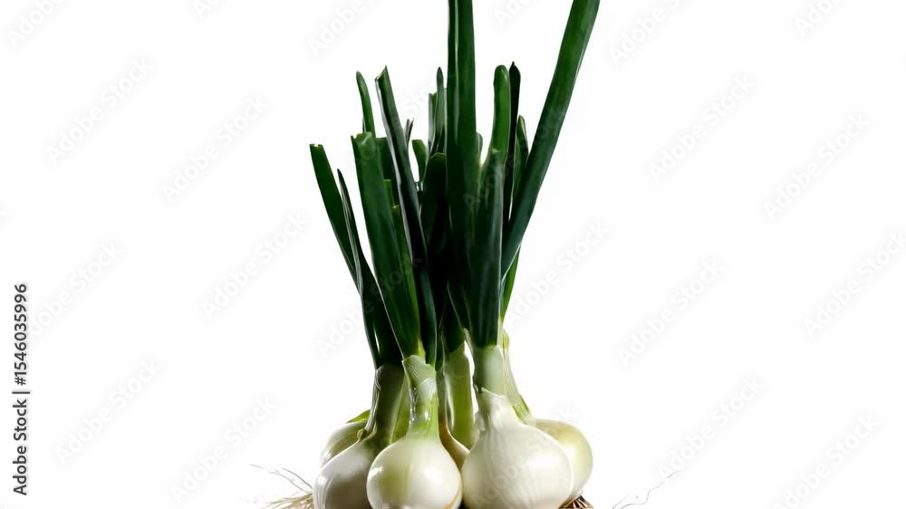 A bunch of spring onions with white bulbs and green stalks isolated on white