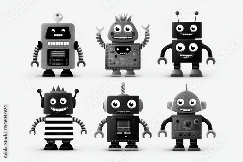 Playful collection of quirky cartoon robots showcasing nostalgic charm characterized by distinctive designs and vibrant expressions perfect for toy lovers and digital art enthusiasts