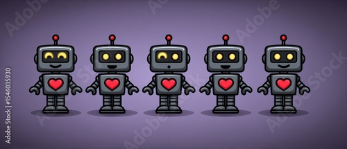 Playful collection of whimsical robots expressing diverse emotions with heart motifs standing together against a vibrant purple background showcasing creativity and humor in modern design