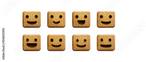 Seven square emoticon faces with smiling expressions arranged in a grid pattern illustrating joyfulness and lightheartedness in a simplified cartoon style evoking happiness and positive emotion