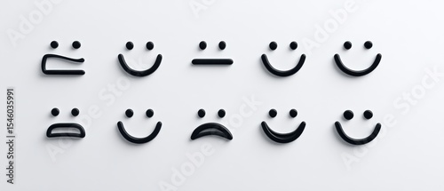 Black emoticons illustrating various human emotions including happiness, sadness, and neutrality presented with minimalist design against a clean white backdrop reflecting emotional diversity