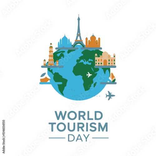 World Tourism Day Global Landmarks with Earth and Airplane Travel Illustration

