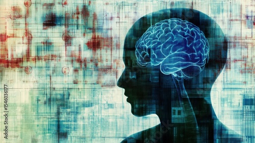 Human Silhouette with Abstract Brain Illustration and Digital Background