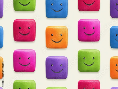 Colorful square icons with smiling faces arranged harmoniously on a soft backdrop creating a vibrant atmosphere of joy and positivity inviting happiness and lively expression