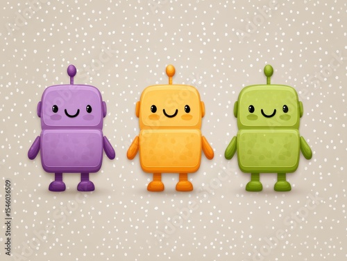 Three cheerful cartoon robots in vibrant colors standing together against a playful backdrop showcasing friendly expressions and whimsical design perfect for children's content and educational