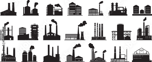 Industrial Building Silhouette Icon Set for Construction Design. Factory and Warehouse Black Icons – Vector Silhouette Collection
