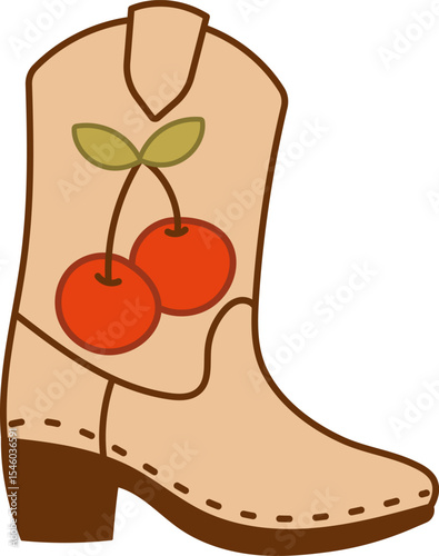 Cowgirl boot with bright red cherries and green leaves