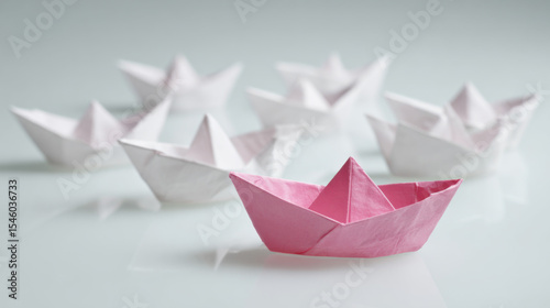 Pink origami boat leading a fleet of white boats.