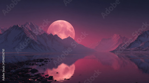 Pink moon over serene mountain lake at night; fantasy landscape, ideal for fantasy or sci-fi visuals.
