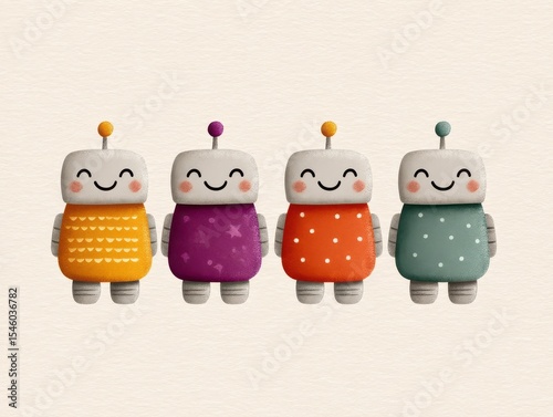 A delightful collection of four cheerful cartoon robots showcasing vibrant colors and playful expressions designed to capture the imagination presenting a whimsical and joyful aesthetic