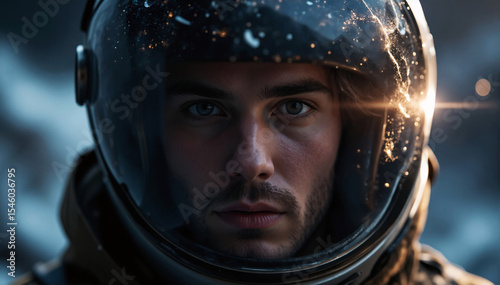 Male astronaut in space helmet with reflective visor, close-up, neutral background, soft lighting, futuristic setting