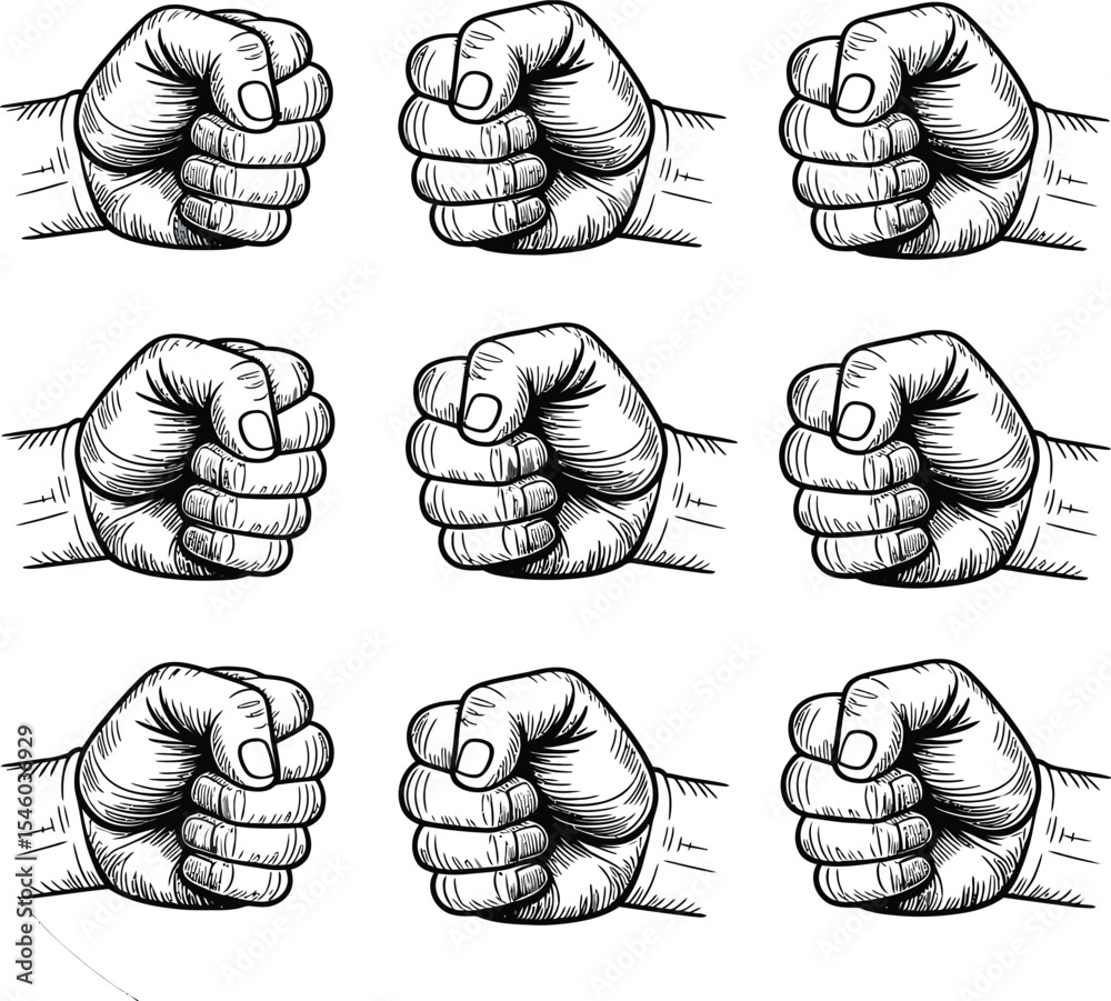Fototapeta premium A pattern of nine sketched fists in a three by three grid on a white background in black and white art
