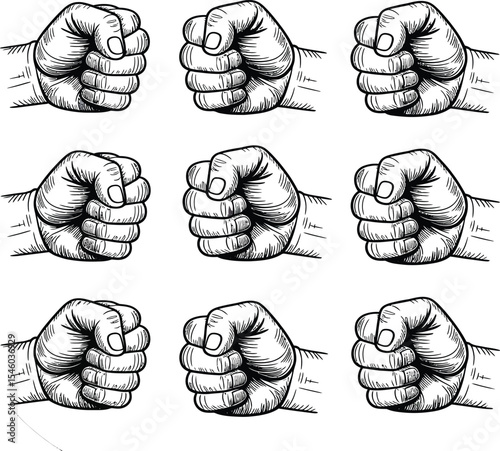 A pattern of nine sketched fists in a three by three grid on a white background in black and white art