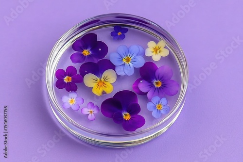 Beautifully arranged violet flowers floating in a circular glass dish against a soft lavender background creating a serene and calming aesthetic highlighting botanical elegance