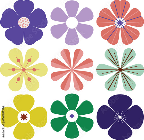 A grid of nine stylized flowers in various colors with different petal and center designs on white