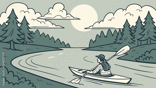 A person kayaking on a river surrounded by trees and clouds with the sun in the background scene