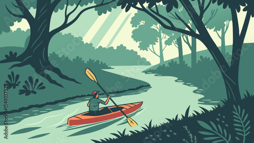 A person kayaking down a river surrounded by trees and foliage on a sunny day in a nature scene