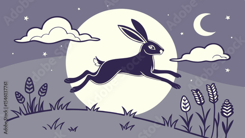 A hare leaps across a moonlit field with clouds and stars in the night sky illustration style design