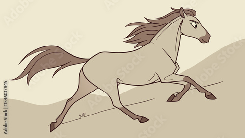 Illustration of a light brown horse galloping across a beige landscape with flowing mane and tail