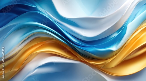 An artistic representation of flowing waves in rich blue, white, and warm gold tones, creating a visually stunning composition that conveys elegance and dynamic movement.