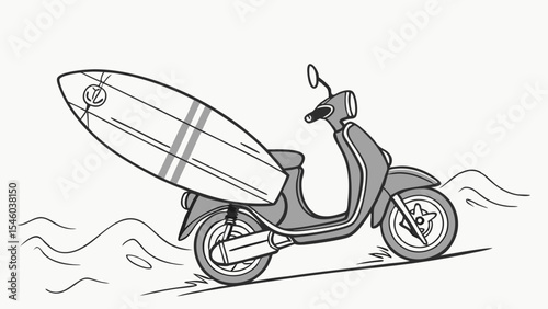 Illustration of a gray scooter carrying a surfboard with waves in the background on a white surface