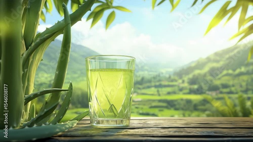 Aloe vera drink in a glass with tropical background and copy space