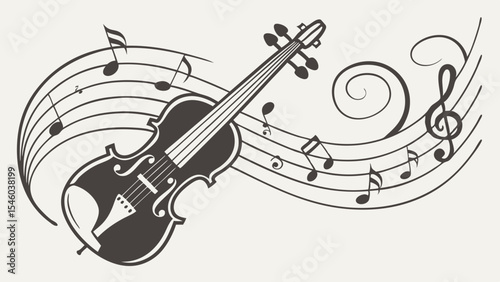 Illustration of a violin with musical notes and a treble clef on a staff, creating a musical theme