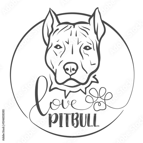 Artistic vector emblem: White-filled AmStaff or Pitbull head with freehand collar. Love flows into single-line paw print Pitbull in casual script. Advocacy design on transparent background