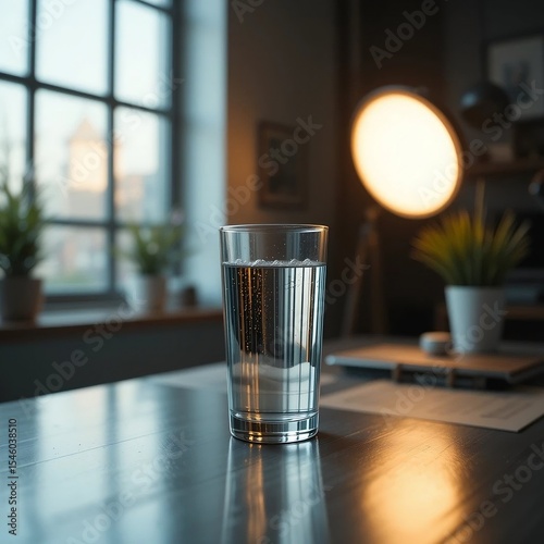 glass of water In a room by the window with a warm atmosphere 