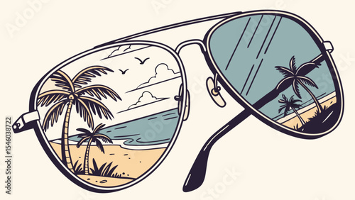 Sunglasses reflecting a tropical beach scene with palm trees, birds, and ocean waves on a sunny day