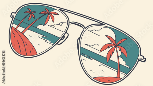 Sunglasses reflecting a tropical beach scene with palm trees and ocean waves on a sunny day image view