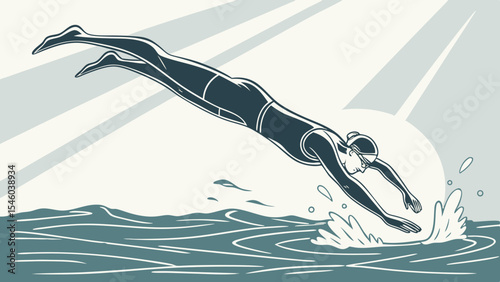 Illustration of a swimmer diving into water with sun rays in the background in a monochrome style