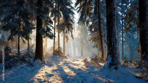 Snowy Pine Forest Landscape with Winter Morning Light.