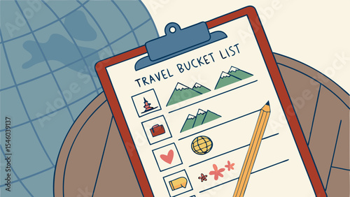 Travel bucket list on a clipboard with a pencil next to it and a globe in the background illustration