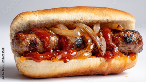 South African-style hot dog with boerewors, grilled onions, and tomato sauce in a roll, placed against a clean white background.