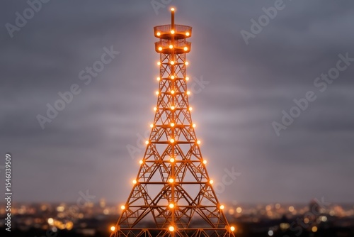 Iconic illuminated communication tower against a dramatic cloudy backdrop revealing urban landscape showcasing modern infrastructure and architectural brilliance