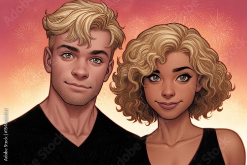 Two young adults smiling joyfully in front of a vibrant festive background celebrating a special occasion with fireworks illuminating the sky capturing a moment of youthful energy and excitement