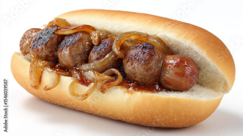 South African-style hot dog with boerewors, grilled onions, and tomato sauce in a roll, placed against a clean white background.