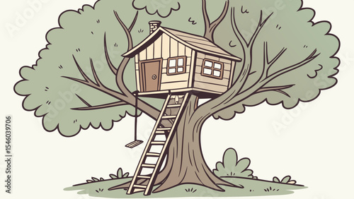 Illustration of a treehouse with a ladder and a swing hanging from a branch in a backyard area