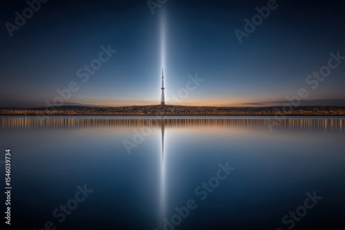 Towering communication spire illuminating sharp reflections in serene waters at twilight showcasing modern architectural marvel and urban innovation centered on horizon beauty