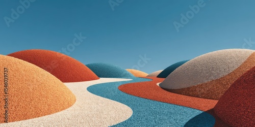 Colorful, rounded hills under a clear blue sky, connected by a winding path