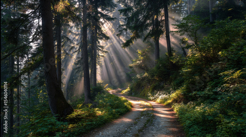 Sunbeams illuminating a winding forest path.