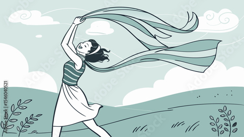 Illustration of a woman in a striped shirt holding a flowing scarf in a field with clouds and plants