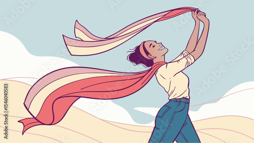 Illustration of a woman holding a striped scarf above her head with a sky and desert background scene