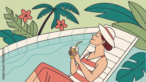 Woman relaxing on a lounge chair by the pool with a drink under tropical trees and flowers in summer time