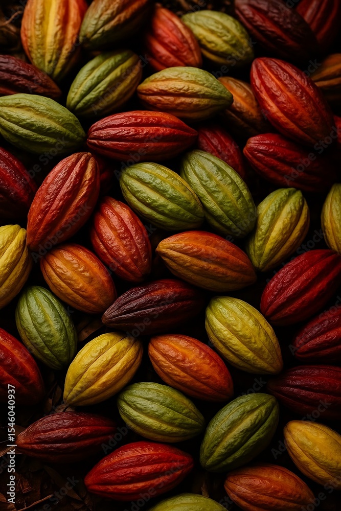 Fototapeta premium Vibrant Close-Up of Colorful Cocoa Pods Displayed on Natural Ground Surface with Rich Texture and Organic Lighting