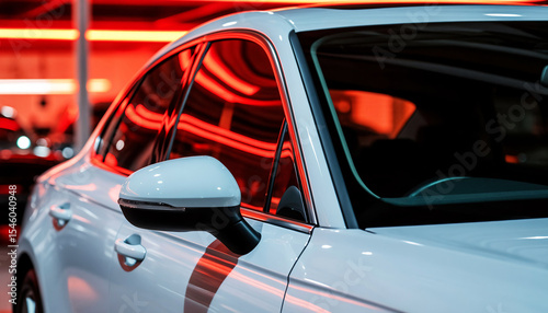 A fragment of a modern white car with tinted windows and side mirror, shot indoors under red neon light with surface reflections
