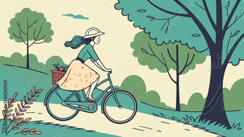 A woman rides a bicycle with a basket in a park with trees and plants on a sunny day in a nature scene